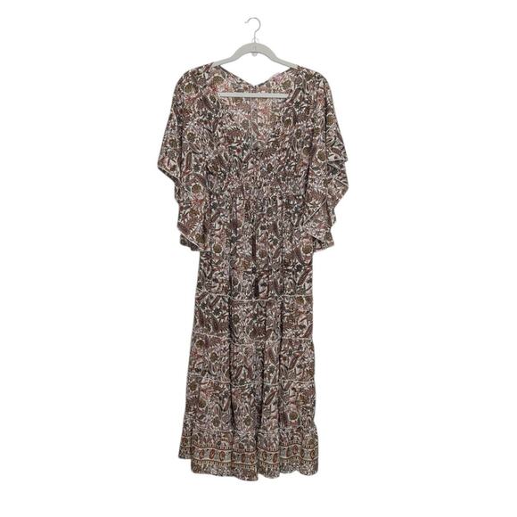 Anthropologie Boemo Floral Paisley Kaftan Maxi Dress Womens X-Large Tan Yellow - Picture 1 of 6